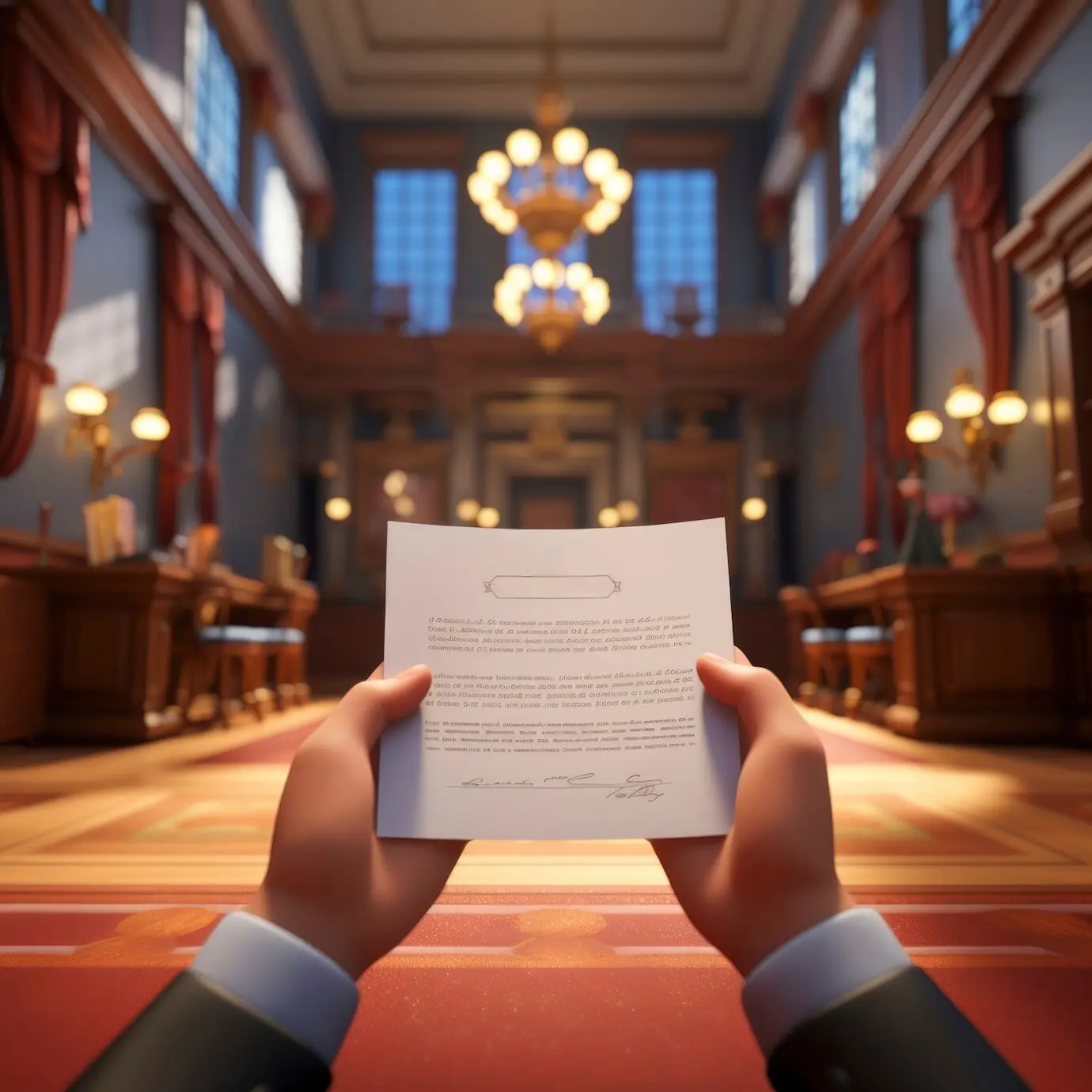 Вид 3D-сцены зала суда для празднования Дня юриста.