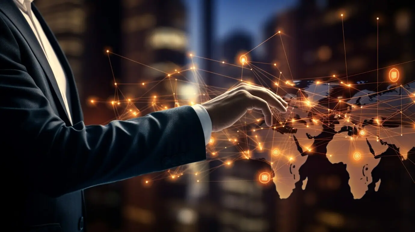 Представитель бизнеса в футуристической деловой среде.